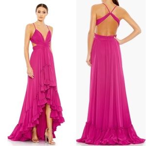 Leena Mac Duggal Tiered Cut Out Sleeveless Gown 2 Fuchsia Ruffle High-Low